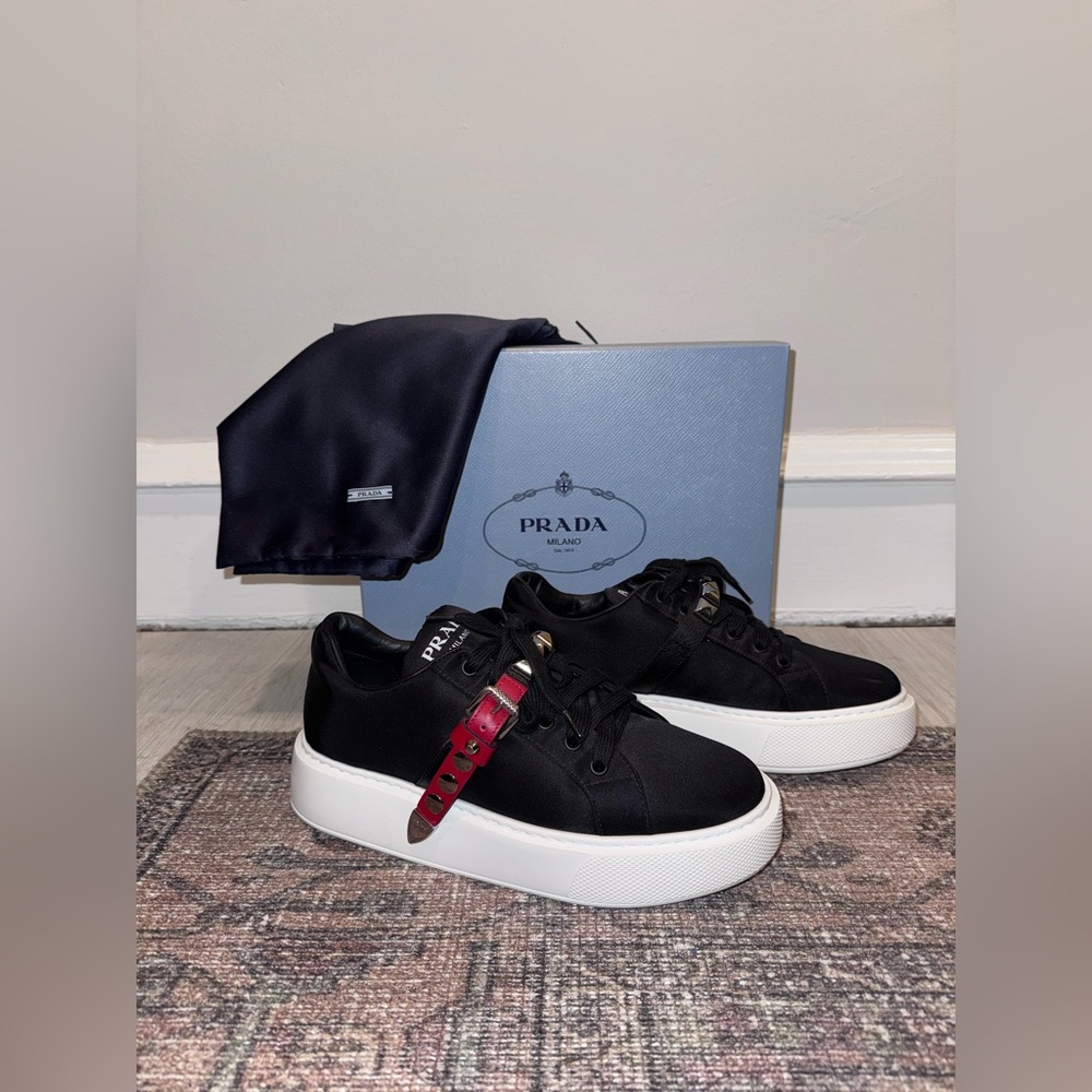 Prada Platform Low Cut Black Sneakers with Studded Accent - Like New!